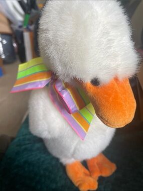 GUND White Plush Duck with Orange Beak & Feet and Striped Ribbon